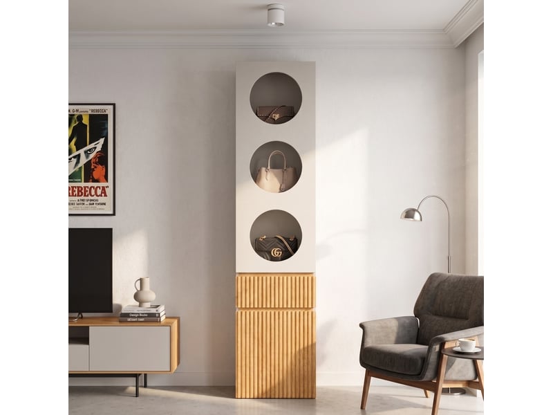  Armoire colonne 45x50x200 cm, 2 portes, 1 tiroir, mdf et panneau de particules, gris clair et naturel compact, chambre  - Conforama D