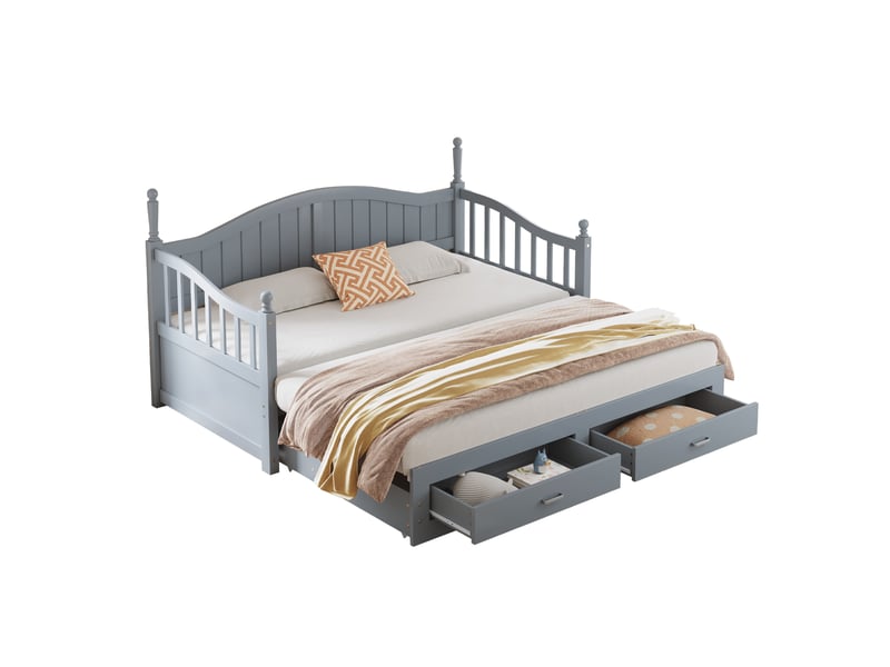 Canapé-lit extensible en pin gris 90180x190 cm, dossier galbé, accoudoirs et tiroirs intégrés  - Conforama E