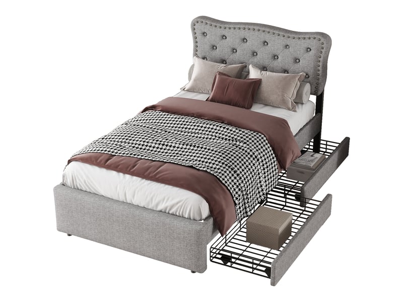  Lit avec tiroirs 90x200 cm, lit simple gris en tissu avec 2 tiroirs et tête réglable, sans matelas  - Conforama A