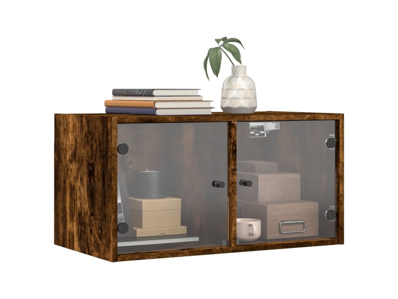  Armoire murale salon, meuble de rangement avec portes en verre chêne fumé 68,5x37x35 cm  - Conforama D
