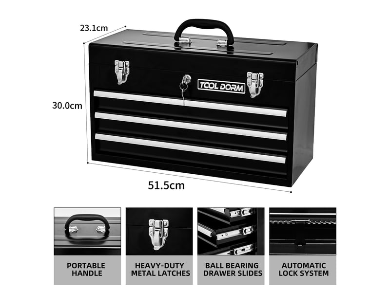  Boîte à outils métal 20,3 3 tiroirs verrouillable coffre rangement atelier garage noir  - Conforama C