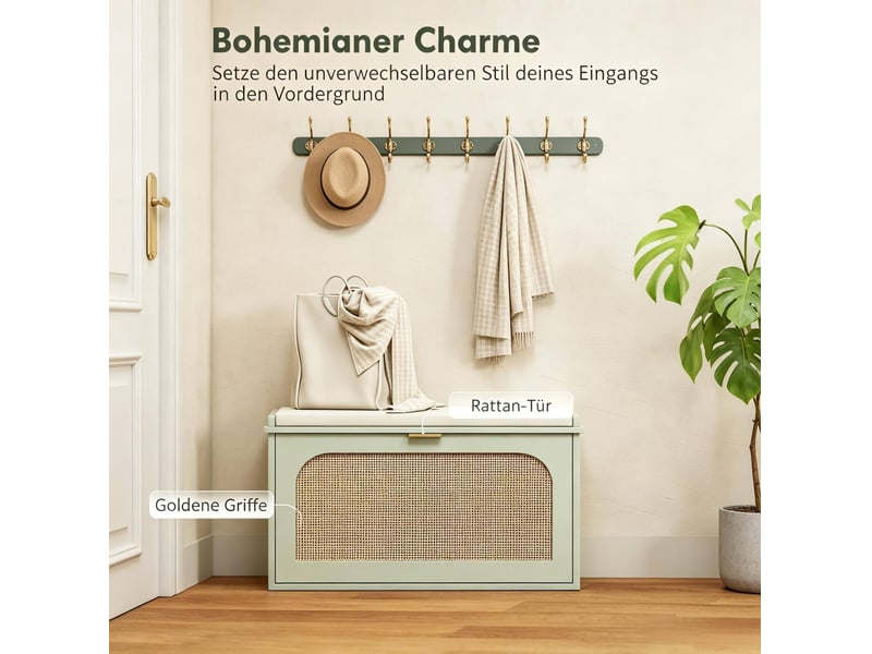  Banc à chaussures avec assise rembourrée, rangement basculant, vert  - Conforama D