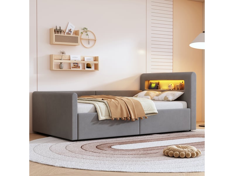  Lit rembourré pour enfant 90x200 cm, velours gris, éclairage led, port usb, rangement  - Conforama C