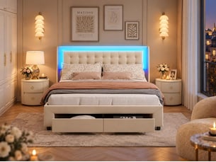Lit coffre 140x190 cm avec tête de lit éclairée - leds rgb - velours beige - sommier à lattes - rangement hydraulique et tiroirs