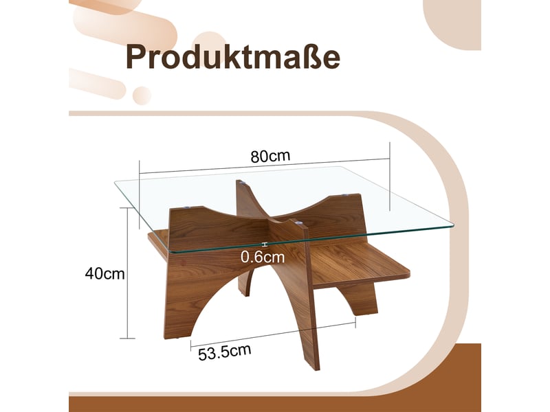  Table basse carrée avec tablette et plateau en verre trempé - lpospi - structure mdf décor noyer 80 × 80 × 40 cm  - Conforama D