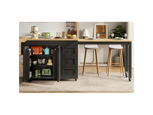 Îlot de cuisine extensible avec rangement 116-179,5 cm, plateau coulissant jusqu’à 69,5 cm, 3 tiroirs, étagères snack latérales et roulettes, blancnoir