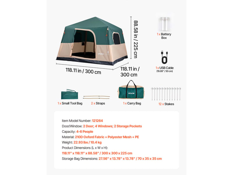  Vevor tente gonflable 4–6 personnes, pompe rechargeable intégrée, tubes d'air tpu, 4 grandes fenêtres en maille, sac de transport, vert 121264 - Conforama C