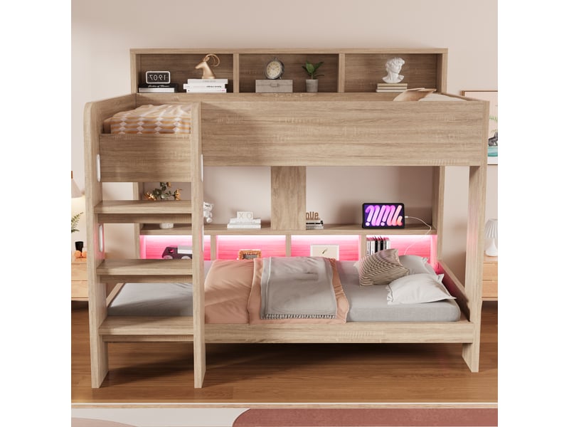  Lit superposé enfant 90x200 cm bois naturel, étagères, échelle large, led et prises intégrées IKSETERA TRADING LTD - Conforama B