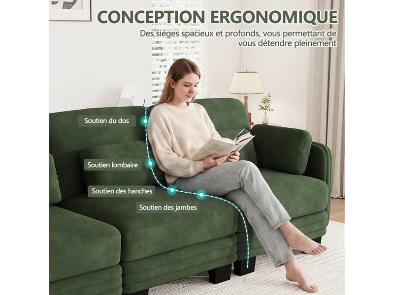  Canapé modulable 2 places 176x88x88 cm, coussins lombaires et accoudoirs, structure bois, chenille vert pour salon  - Conforama D