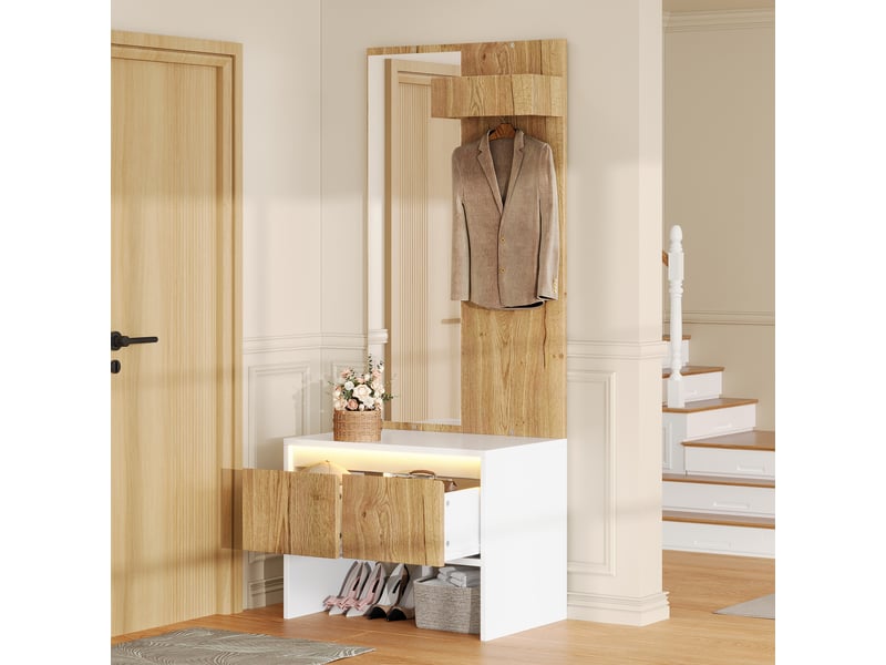 Vestiaire d'entrée avec miroir et banc, porte-manteau sur pied, meuble chaussures 2 tiroirs, blanc 60cm - Conforama W