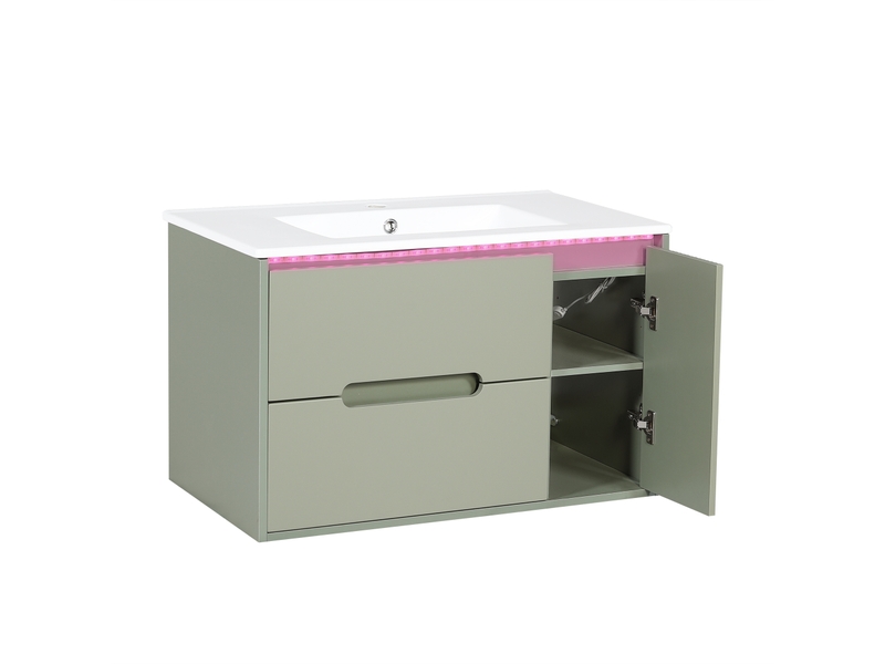 Meuble vasque mural vert 81 cm avec lavabo céramique, led, portes soft-close et étagères réglables - Conforama A