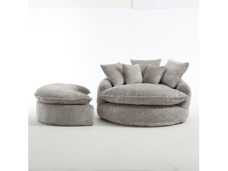  Fauteuil lounge mousse polyester gris clair, avec pouf, coussin inclus 190,5x138x63 cm  - Conforama D