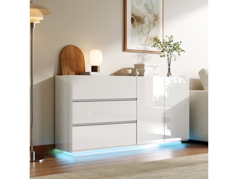  Buffet bas 2 portes 3 tiroirs - 160 x 35 x 76 cm-blanc - enfilade design haute brillance avec éclairage led et portes push-open  - Conforama E