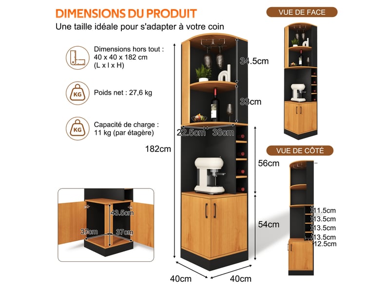  Meuble d’angle pour vins 40x40x182 cm avec porte-verres et rangements bicolore  - Conforama C