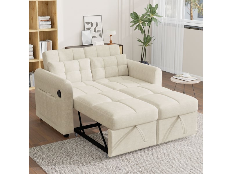Canapé convertible 2 places 3 en 1 avec dossier réglable, fonction couchage, ports usb, poches d’accoudoirs et 2 coussins - beige - Conforama E