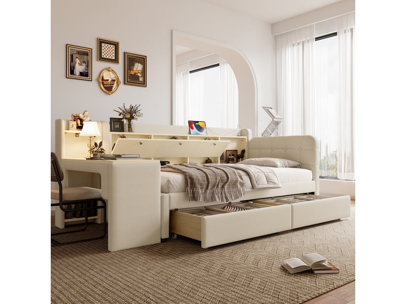 Lit coffre 90x200 cm avec bureau, 2 tiroirs, usb et usb-c, tissu lin beige, sans matelas - Conforama R