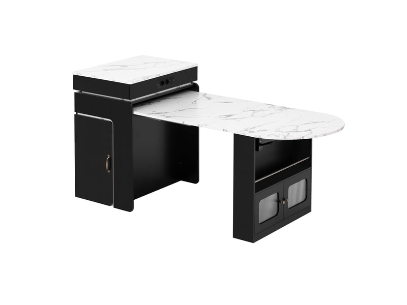  Îlot de cuisine extensible 55-194 x 80 x 95,5 cm, prises, led, portes vitrées, tiroir et roulettes, noir, en mdf robuste  - Conforama A