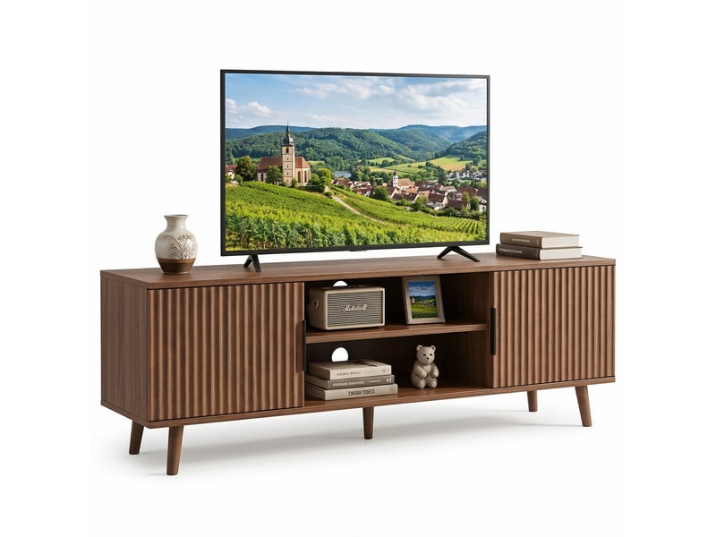  Meuble tv 138x39 cm,2 portes rainurées,niche ouverte,2 passe-câbles,5 pieds en bois,style rétro,panneaux de bois,effet noyer  - Conforama A