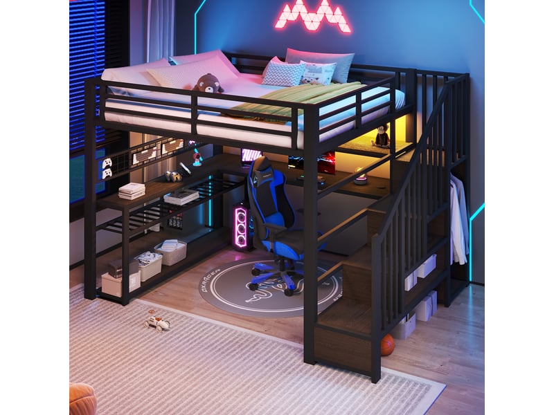  Lit mezzanine 140 x 200 cm noir avec bureau, armoire, escalier rangement et led, métal et mdf IKSETERA TRADING LTD - Conforama D