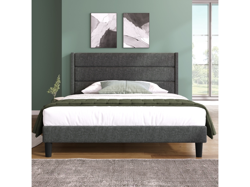  Lit double 140x200 avec sommier à lattes et tête de lit gris foncé evryae  - Conforama D