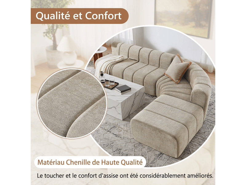  Canapé d'angle modulaire 4 places convertible chenille beige - modules libres et assise confortable  - Conforama W