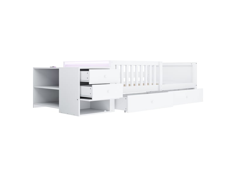 Lit enfant avec bureau et rangements, bois blanc, 90 x 200 cm, led, prise, 2 tiroirs et garde-corps  - Conforama E