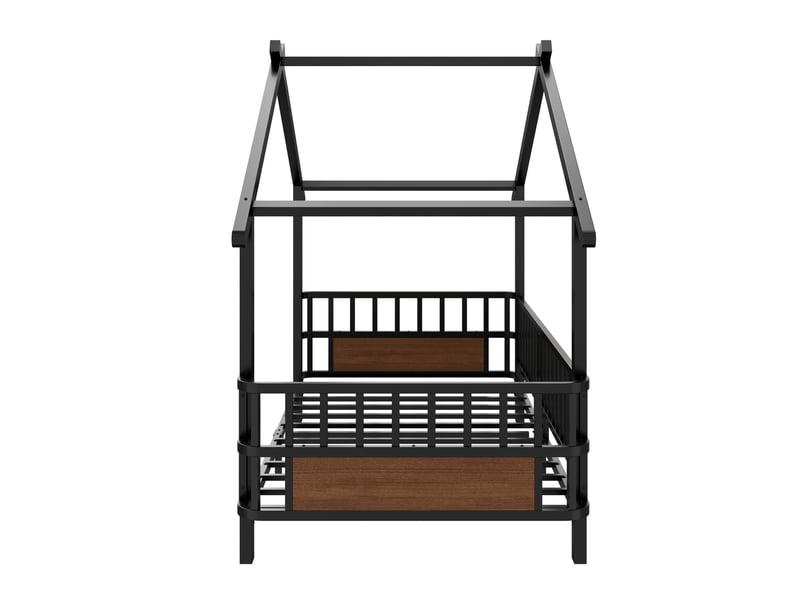  Lit simple 90x200 cm, lit enfant, barrière antichute, forme maison, métal noir  - Conforama B