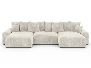 Canapé d'angle panoramique convertible CASANOVA 5 places Tissu blanc avec coffre de rangement