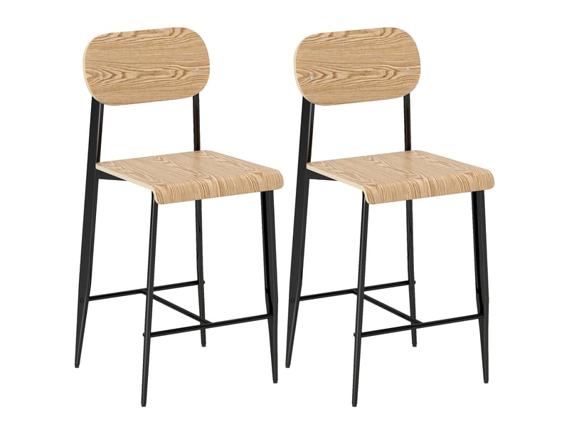  Ensemble de 2 tabourets de bar, chaises de bar avec dossier et structure en métal, bois, marron clair  - Conforama A