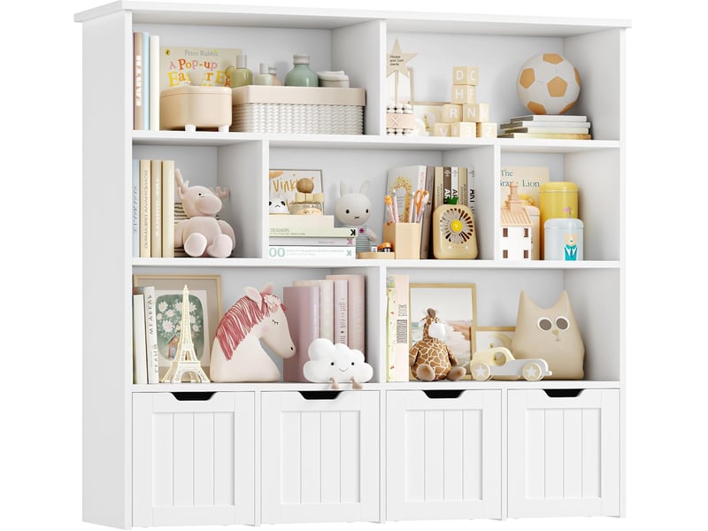  Meuble de rangement enfant bibliothèque enfant avec 8 étagères 4 tiroirs roulants rangement jouet 125.5x33x118cm blanc  - Conforama A