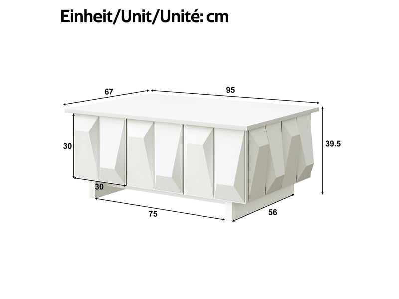 Table basse avec 3 portes et rangement, façades à structure 3d, style moderne pour salon en panneau de particules blanc - Conforama C