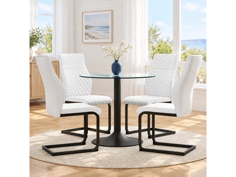  Ensemble table et chaises avec 1 table ronde et 4 chaises  - verre, métal et pu - transparent, noir, blanc  - Conforama C
