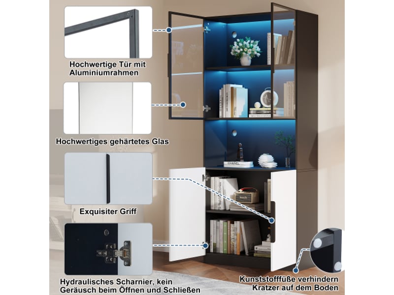  Vitrine moderne minimaliste avec portes en verre, vitrine avec éclairage led, étagère pour objets de collection, 160 x 30 x 200 cm  - Conforama C