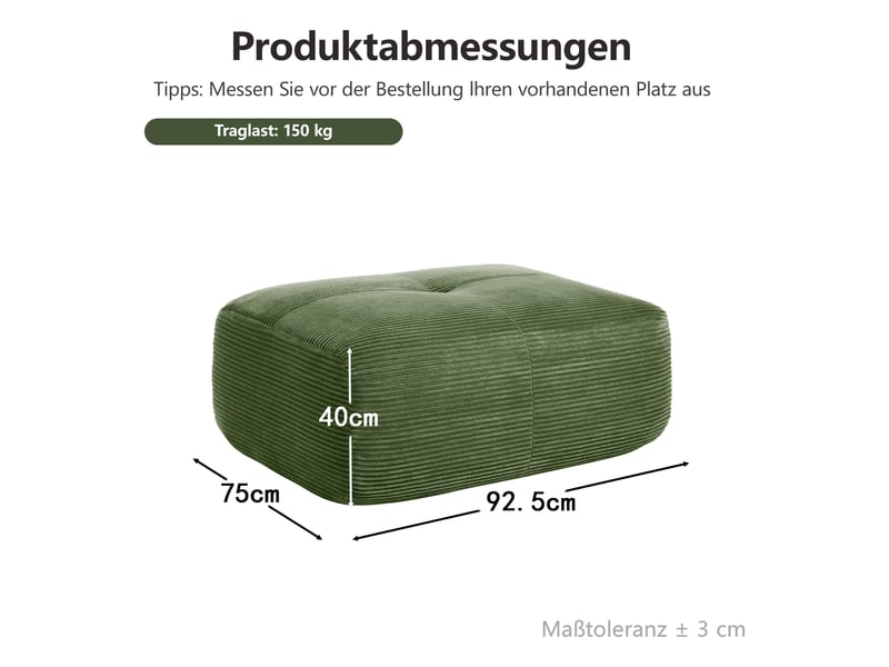  Ottoman en velours côtelé - velours côtelé vert - dimensions - poids 9.05 kg - design modulaire 92.5x75x40cm - Conforama C