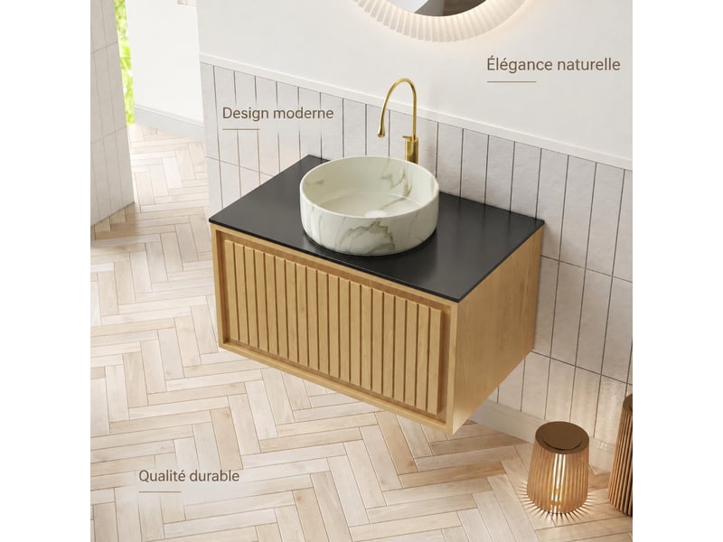  Meuble vasque suspendu 76 cm avec vasque ronde blanche en céramique et plateau noir  - Conforama D