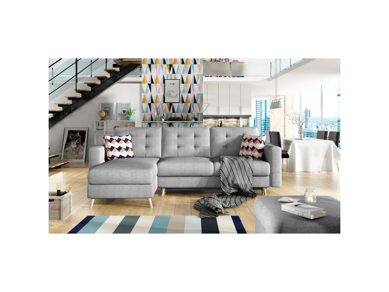  Canapé d'angle convertible hasgard 3 places gris 248x162 cm – coffre et pieds bois  - Conforama D
