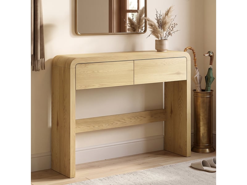  Table console avec 2 tiroirs, console meuble, 100 x 30 x 85 cm, coins arrondis et plateau épais, bois naturel  - Conforama A