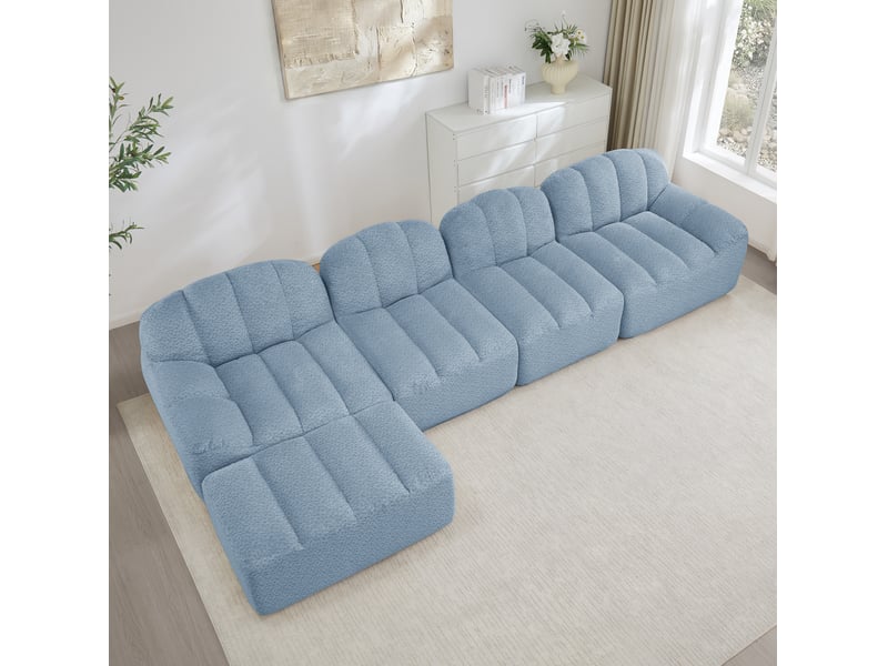 Canapé modulaire 4 places bleu en tissu bouclette avec ottoman, forme coquillage pour votre salon confortable  - Conforama E