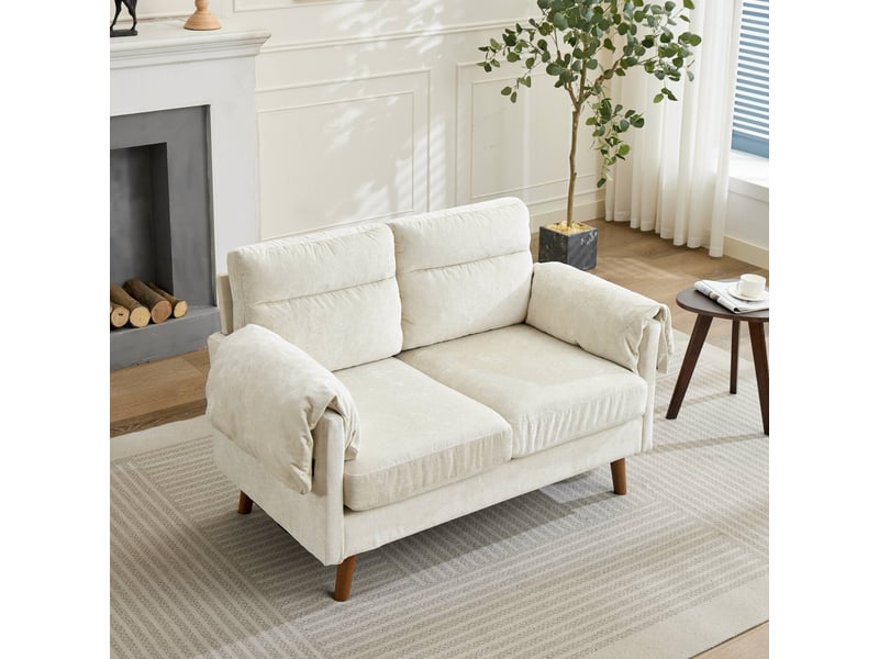 Canapé droit 2 places 124 cm beige en tissu chenille, coussins généreux et pieds effet bois Fay Lum - Conforama B