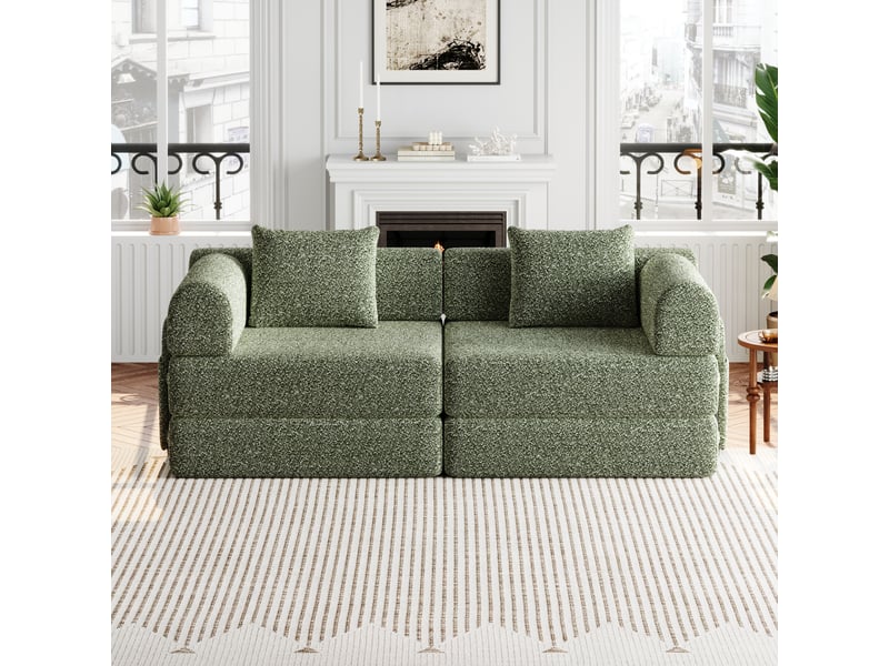  Canapé convertible modulable 2-en-1 en chenille, 2 places, accoudoirs avec rangement, cadre acier, vert, design moderne  - Conforama D
