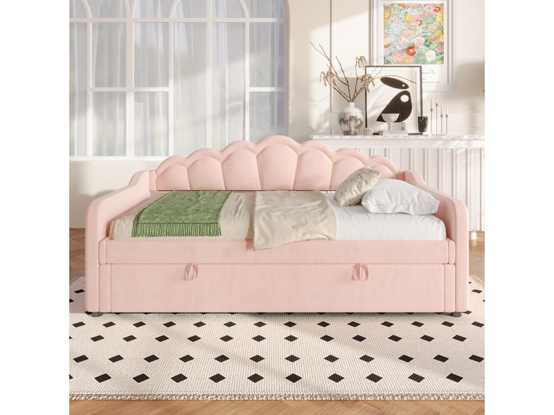  Lit de jour velours rose 90x200cm lit simple avec rangement hydraulique et bande led multicolore  - Conforama B
