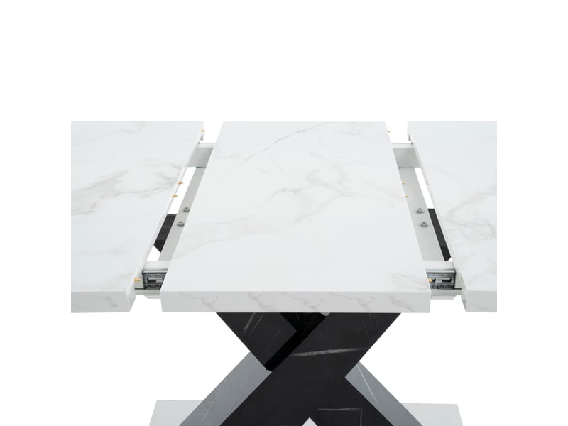  Table à manger extensible 120-160 x 80 cm, plateau mdf effet marbre blanc, piètement noir en x avec base métal, design moderne  - Conforama D