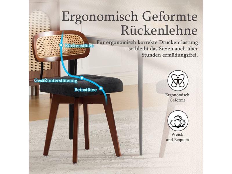  Lot de chaises 2 pièces assise rembourrée chaise repas rotation à 360° dossier tressé style moderne du milieu du siècle chenille noire  - Conforama E