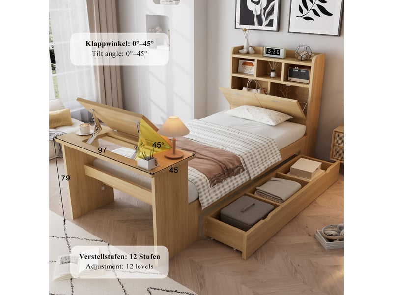 Lit enfant simple 90×200 cm avec tiroir, étagères et table rabattable - okmyhome- sans matelas, bois naturel  - Conforama E