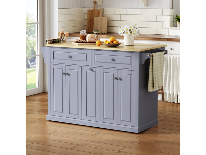  Îlot de cuisine mobile avec plan de travail pliable, chariot de rangement en mdf avec tiroirs et roulettes, 121x69x89cm, naturel et gris  - Conforama W