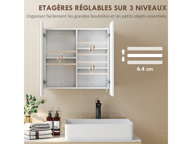 Armoire miroir murale salle de bain design arqué 2 portes dim. 68 x 13 x 66 cm blanc  - Conforama F