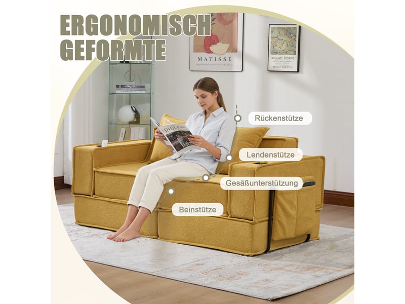  Canapé convertible, canapé-lit – en tissu, porte-gobelets, avec rangement, 2 places, avec pouf  - Conforama C