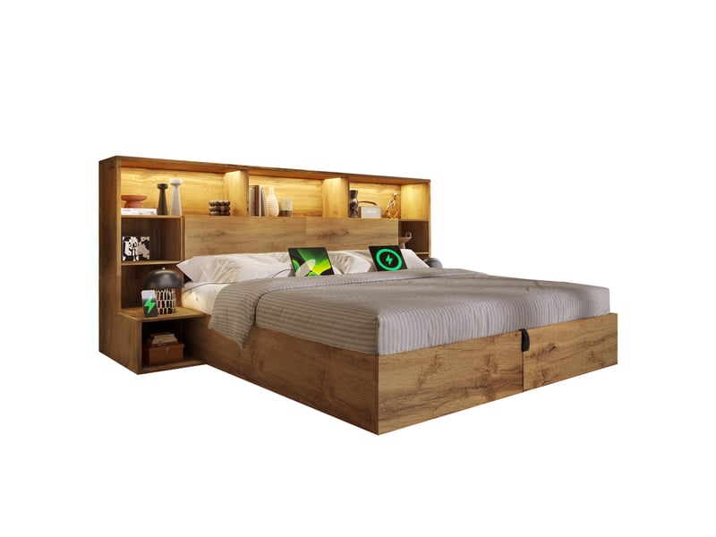  Lit 160x200 cm avec rangement hydraulique, led, usb-c et tables de chevet  - Conforama A