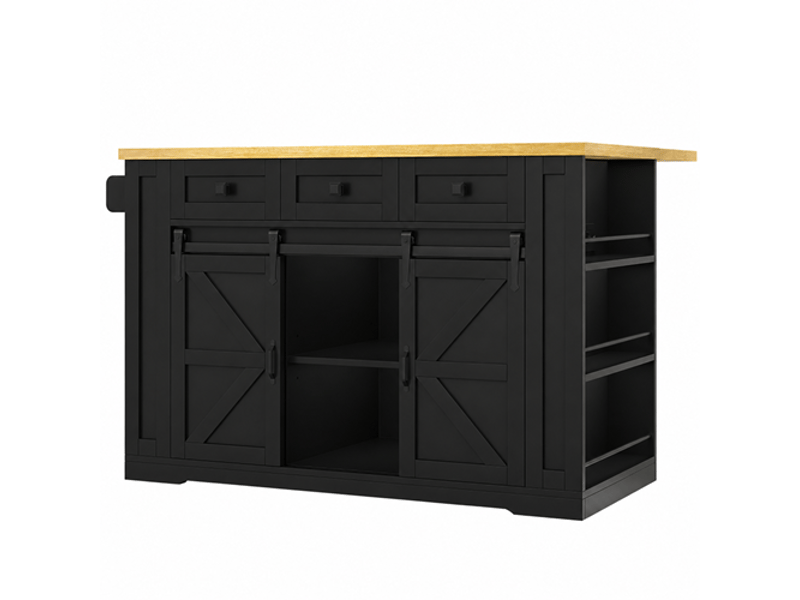  Îlot de cuisine mobile noir et bois naturel en mdf, plateau rabattable, prise intégrée, roulettes, 130 × 50 (80) × 87 cm  - Conforama A