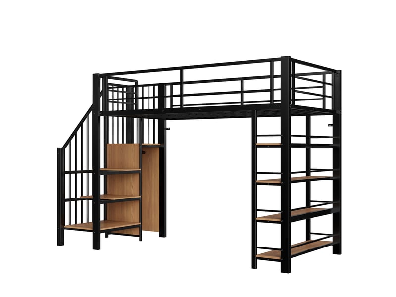  Lit mezzanine 90x200 cm noir, escalier sécurisé, armoire, étagères, rangements et barrières hautes  - Conforama D